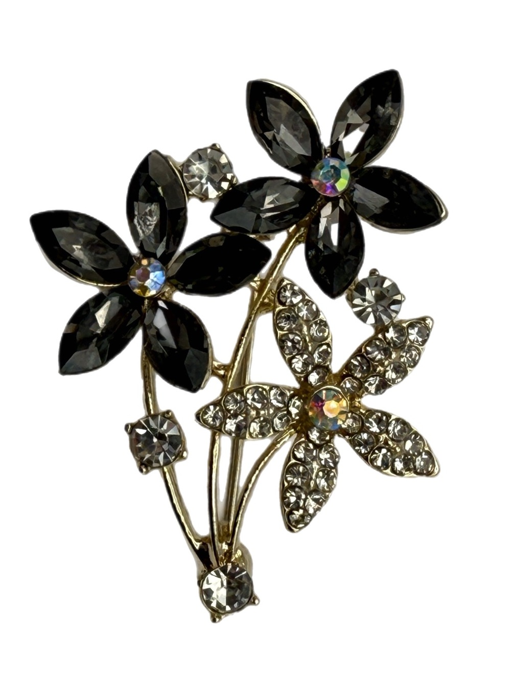 Source Unknown‎ Black and Clear Floral Crystal Brooch